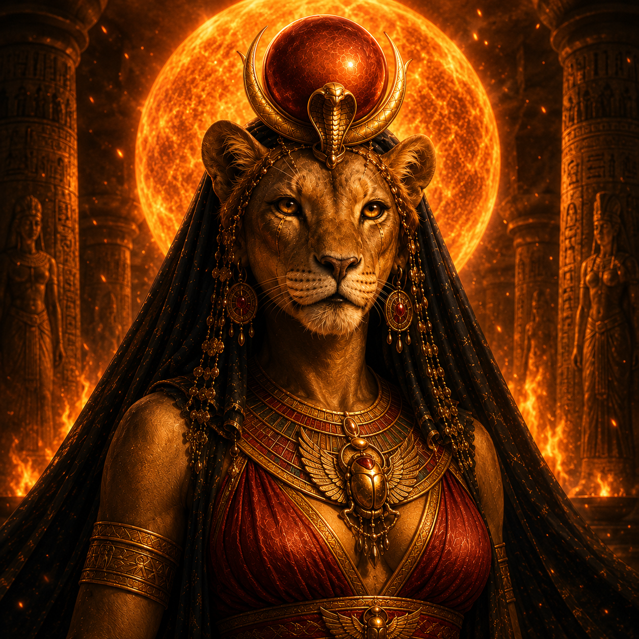 Sekhmet, the lioness-headed Egyptian goddess, before a radiant solar disc